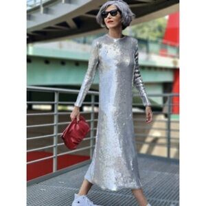 ZARA SEQUIN KNIT Midi DRESS Long sleeves Silver Small  NWT